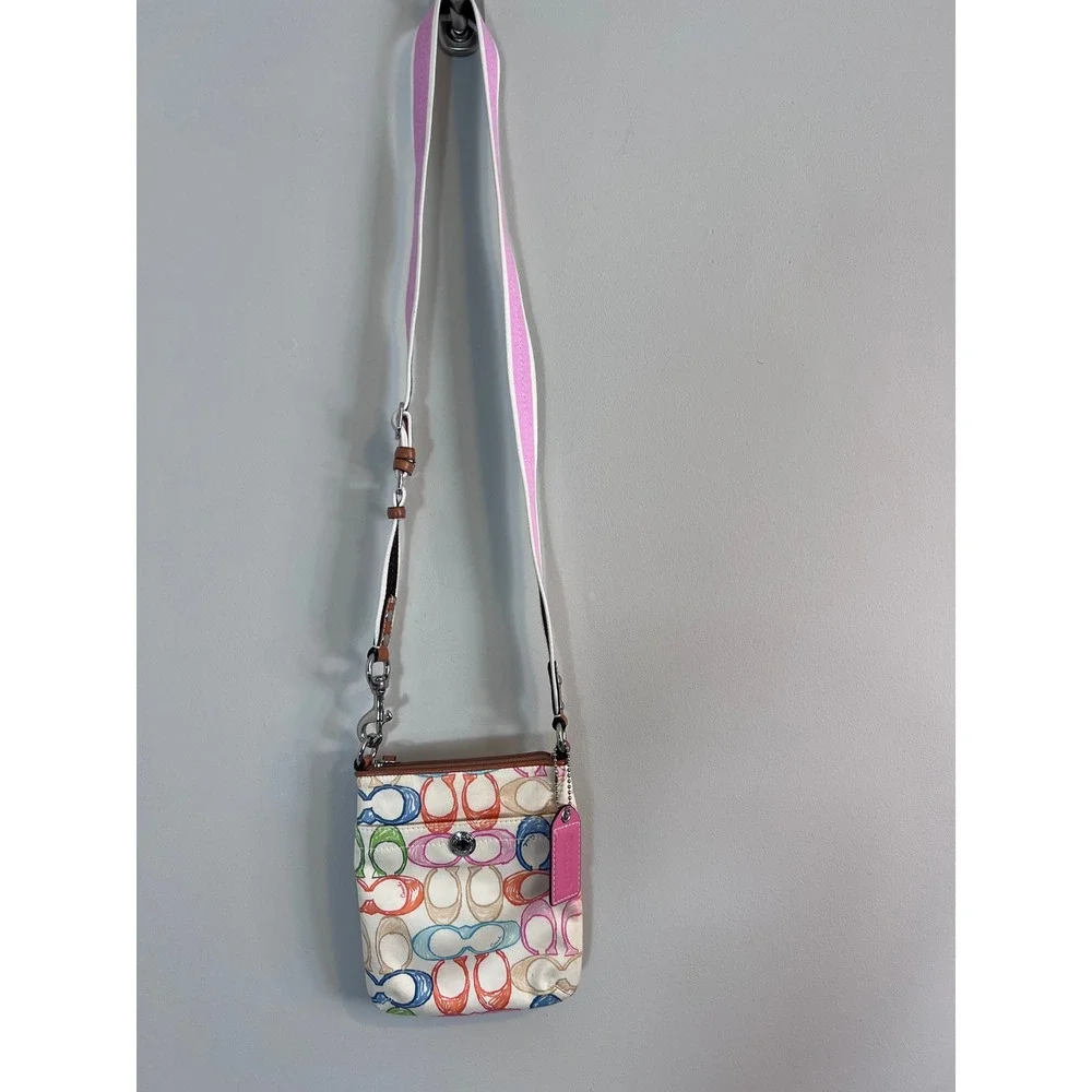 Coach Scribble Signature C Multi Color Canvas Crossbody Bag Pink White Small